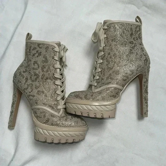 EUC GIANNI BINI HALLAND GLITZY EMBELLISHED LEOPARD PLATFORM HEELED BOOTIES - Picture 8 of 13